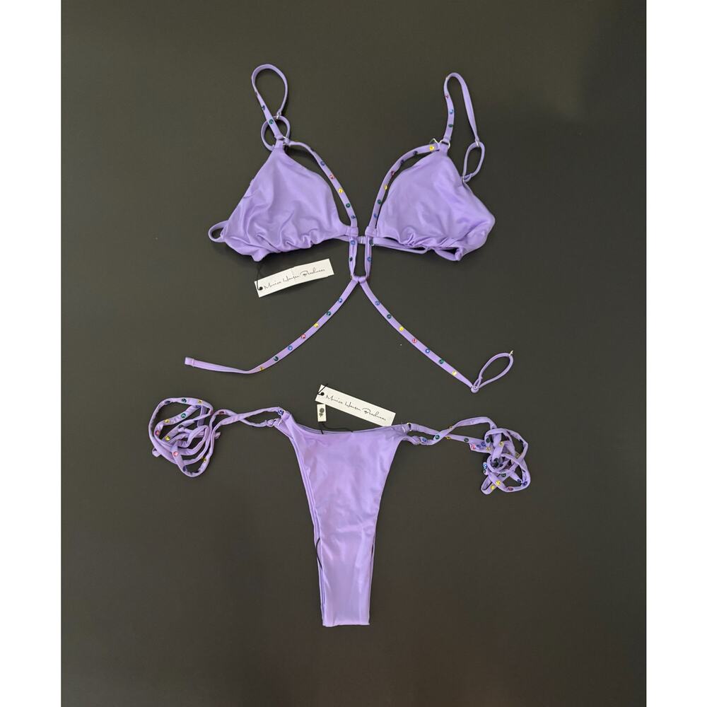 Monica Hansen Beachwear NWT Set Top/Bottom Purple Crystal Strappy Bikini Small‎